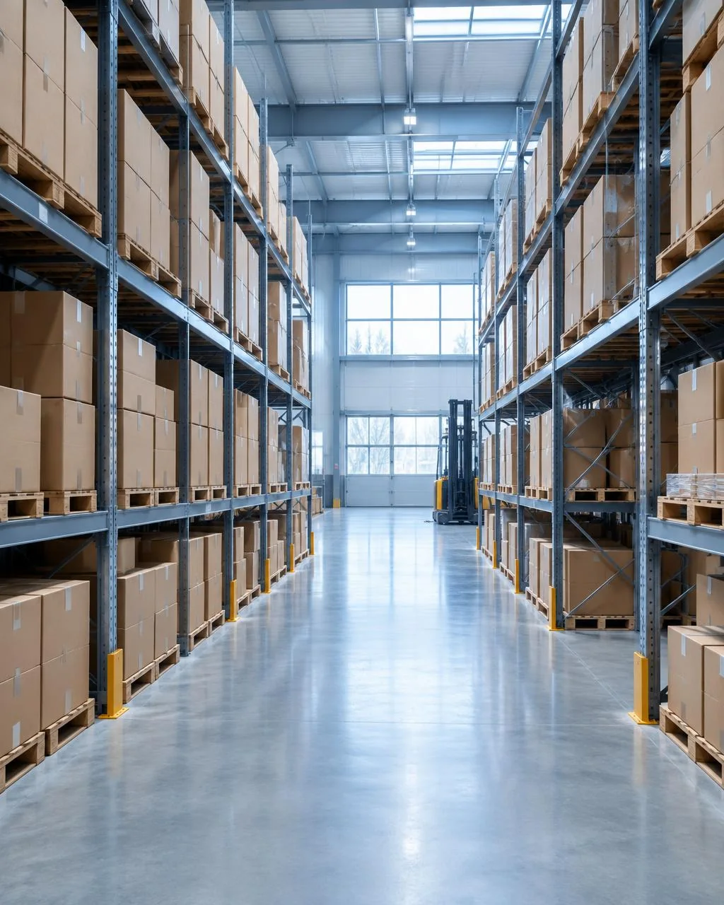 Illustrative warehouse aisle with organized cartons and shelving